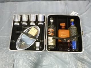 Trav-L-Bar, C/w Case,  (3) Bottles, (4) Glasses, (1) Tray, (1) Shot Glass * May Be missing Components* (E5-5-1)