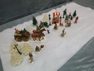 Variety of Christmas Village Accessories, C/w Horse and Wagon, Hot Choc Stand, Qty of Light Up Trees, Qty of People, Snow Blanket (E5-1-1)