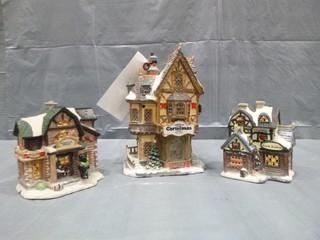 (3) Christmas Village Buildings, C/w "Woodcarving Work Shop",  "Bed & Breakfast Shop", "Tannenbaum Christmas Shop" (for use with Christmas Lights) (E5-1-3)