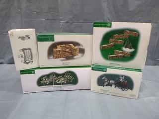 Department 56, "Red Christmas Sulky",  Stone Walls, Village Winter Trees,  Christmas Bazaar  Ornamental Collectables (E5-1-1)