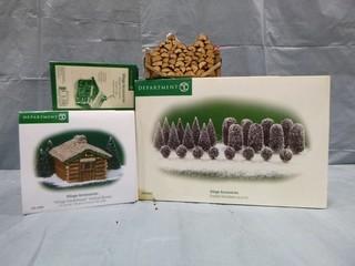 Department 56, Christmas Village Accessories, Frosted Shrubbery,  "Village Smokehouse" Incense Burner and Balsam Fir Incense,   Brook and Wooden Canoes.  Wood Stack Ornamental Collectibles (E5-1-3)