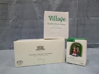  Christmas Village Accessories, "Under the Bumbershoot", Village Double Street Lights and "Dashing Through the Snow "Sleigh with Horse (E5-1-1)