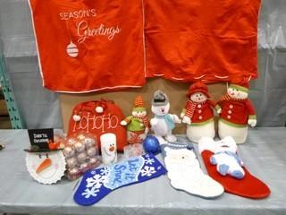 Bin of Christmas Decorations, (4) Snowman Dolls, Stockings, Ornaments, Santa Sack, C/w Closeable Storage Bin (E5-5-2)