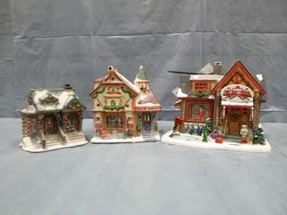 (3) Christmas Village Buildings, C/w "Log Cabin",  "The Hat Trick Shop", "Santa's Workshop" (for use with Christmas Lights) (E5-1-3)