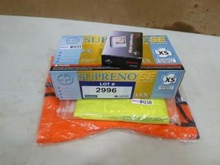 (1) New 3X Square Magnifier w/ Light, (1) New Ultra Bright Vest, (1) New Bright Red Vest, (1) Box of Nitrile Gloves, Size XS (A2)