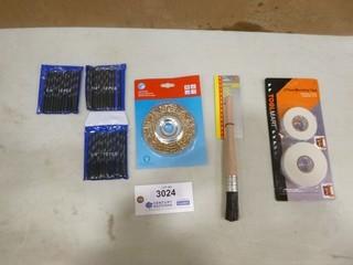 (1) New Wire Wheel Brush, (1) New 36 Pc 1/4" Drill Bits, (1) New 2 Pc Mounting Tape, (1) New Parts Cleaning Brush (A2)