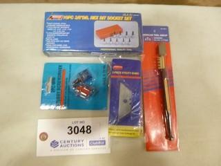 (1) New Diamond Glass Cutter, (1) New Package Of Utility Knife Blades, 30 Pc, (1) New 2 Pc Mini Screw Driver Set 1/4" Flat/Phillips #2, (1) New 10 Pc 3/8" Drive Hex Bit Socket Set (A2)