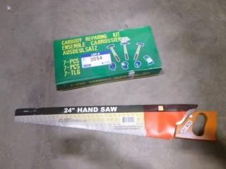 (1) New 24" Hand Saw, (1) New Car Body Repairing Kit, 7 Pc (A2)