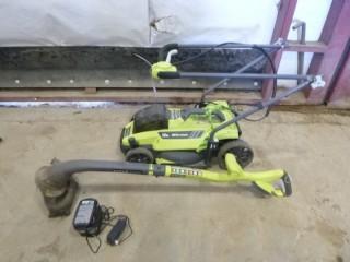 Ryobi 13" 18V Lithium Battery Operated Lawn Mower and Weed Eater/Trimmer c/w Battery and Charger