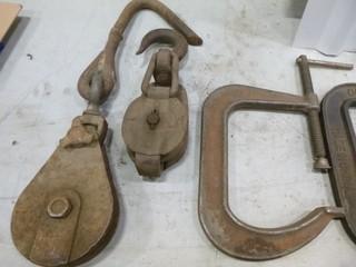 (5) 8" C-Clamps, (1) 6" c-Clamp, (2) Rope Blocks, 1 1/2 Ton Come A long (Broken Handle), (2) Scissor Jacks, (2) 8 1/2 Ton Shackles, 50' Air Line, (2) Roller Stands (E3-3-2)