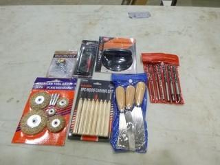 (1) Brass Tire Chuck, (1) Suction Dent Puller, (1) Spark Plug Wire Tester, (1) 5PC Wheel Brush Set, (1) Hawk 8PC Wood Carving Set, (1) 3PC Putty Knife Set, (1) 7PC 6" Brad Point Drill Bit Set (A1)