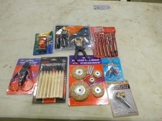 (1) Brass Tire Chuck, (1) 4 Way Voltage Tester, (1) Pocket Flashlight, (1) 5PC Wheel Brush Set, (1) Hawk 8PC Wood Carving Set, (1)2PC Stubby Screw Driver Set, (1) 2PC Ratchet Clamps, (1) 7PC 6" Brad Point Drill Bit Set (A1)