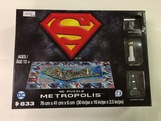 Superman 4D Puzzle Metropolis - 833 Pieces - With S.T.A.R. Labs, Daily Planet And Lexcorp Tower Building Figures - New - Sealed Box.