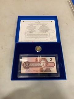 (1) 1996 Canada Proof Toonie w/ Two Dollar Replacement "X" Bank Note