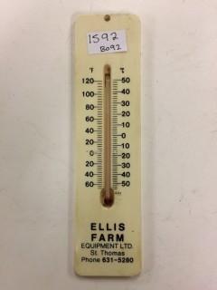 1970'S - Ellis Farm Equipment Ltd. Outdoor Thermometer - Plastic - C & F - 8" X 2".