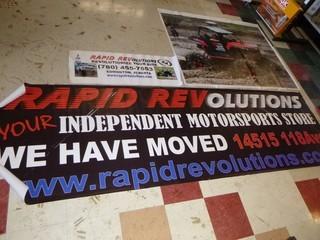 (4) Vinyl Banners, Revolutionize Your Ride (2Pc) 42" x 16", Side By Side 63" x 51", We have Moved 172" x 36" 
