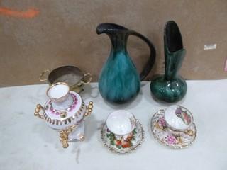 (2) Ceramic Vases, (1) Bronze Bowl, (1) Decorative Tea Set (E2-3-3)