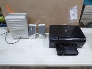 Box of Assorted Items Including Space Heater, HP Printer, 2 Speakers (E2-4-3)