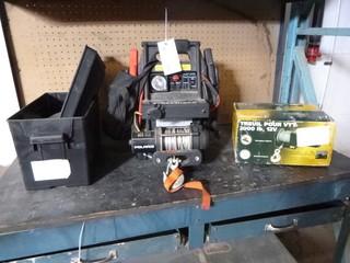 Polaris Winch/Booster Pack Combo Complete assembly for remote winching w/New Battery and Synthetic Rope Line.  Also New Winch Force 12 Volt 2000LB Winch with 49' Aircraft Cable, And Battery Box 18" x 11" x 11"