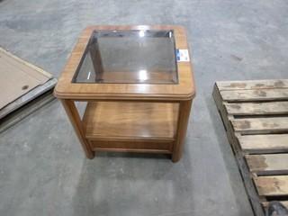 End Table (Wood w/ Glass Top Insert and Bottom Drawer) 23" x 25" x25" (E1-2-3)