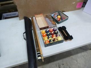 (1) 2PC Pool Cue, C/w Case, (1) Set of Pool Balls, C/w Various Table Brushes and Misc Balls and Chalk (B2)