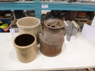 (1) 2 Gal Antique Crock, (1) 5 Gal antique Crock, (1) Antique Wash Pail, (1) Antique Cream Can * Note Some Rust* (C1)