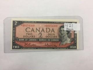 Canada 1954 Two Dollar Note Replacement * B/B 0154309