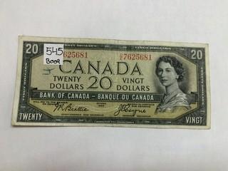 Canada 1954 Twenty Dollar Note, D/E 7625681.