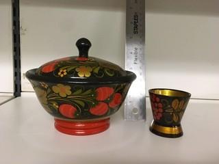 Khokhloma Russian Folk Art Covered Dish & Small Cup.