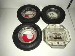 (3) Tire Ashtrays & (1) Glass Ashtray.