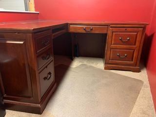 67" x 30 1/2" x 47" x 25 1/2" Cherry "L" Shaped Bankers Desk.