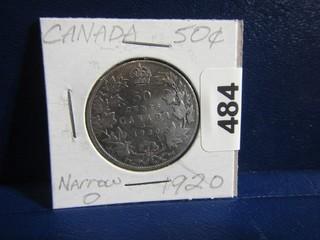 Canada Fifty Cents 1920 Narrow O