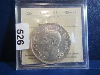 Canada 1937 Double HP Silver Dollar Graded MS-60 ICCS