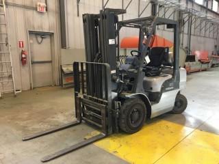 2010 Nissan Fork Lift Model # MP1F2A25LS, c/w 3 Stage Mast, 42" Forks, S/N F906093, Fork Positioning, Showing 5970 Hrs 5000 lb lifting capacity.* Cannot Be Removed Until Final Day of load out*