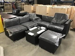 7 Piece Wicker Patio Sectional With Table, Foot Stool And Cushions.