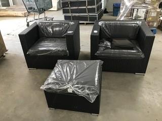 3 Piece Wicker Patio Set With Foot Stool And Cushions.