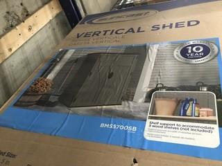 Suncast Vertical Shed, Assembled Size 4'-1"W x 2'-4-1/2"D x 5'-9-1/2"H.