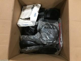 Box of Assorted Speakers, Amplifiers, Speaker Covers, Etc.