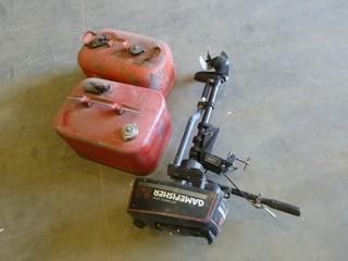 (2) Metal Gas Cans, Gamefisher Automatic Drive 3HP Boat Motor * Motor Seized* (WR4-20)