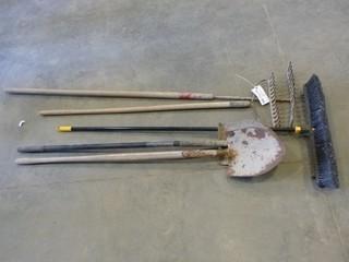 Yard/Cleaning Tools, 2 Shovels, 2 Rakes, 1 Broom (NF-5)
