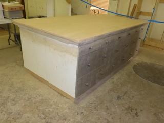 94" x 48 1/2" Work Surface, Custom Built c/w Multiple Storage Drawers (Item 1)  *Buyer Responsible For Loadout /Disassembly, Located At Camrose Custom Cabinets, 3623 47 Avenue, Camrose, AB. Viewing by appointment only*