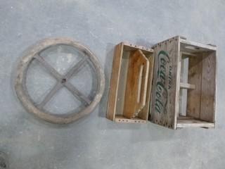 (1) Wood Coke Crate, (1) Wood Tool Box, (1) Steering Wheel (WR4-18)