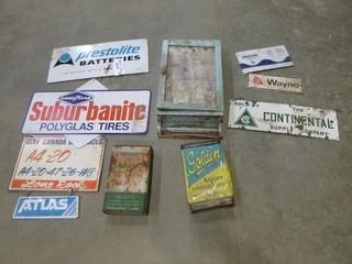 Assorted Metal Signs, Solvent / Oil Cans, Medicine Cabinet (WR4-18)