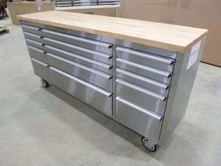 New 72" Stainless Steel 15 Drawer Tool Chest With Wood Top w/ Key, 72"W x 18"D x 37.4"H