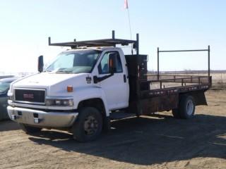 2008 GMC C5500 Flat Deck c/w Duramax Diesel, A/T, A/C, Showing 298,702 KMS, 19,500LB GVWR, 196" W/B, Dually, 16' Flat Deck, Rear Pintle Hitch (Hook), Primus IQ Brake Controller, Storage Cabinet, Front Tires 245/70R19.5 at 60%, Axle Rating 7000LB, Rear Tires at 60%, Axle Rating 13,500LB, CVIP 05/2020, VIN 1GDE5C19X8F416826