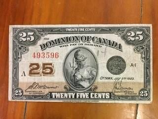 1923 Dominion Of Canada Twenty Five Cent Note.