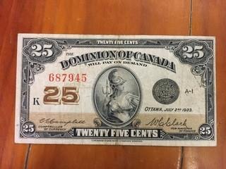 1923 Dominion Of Canada Twenty Five Cent Note.