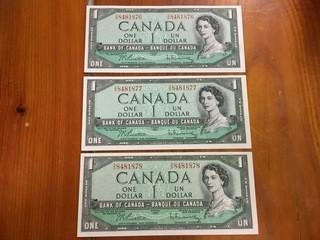 1954 (3) In Sequence Bank Of Canada One Dollar Bank Note, Uncirculated.