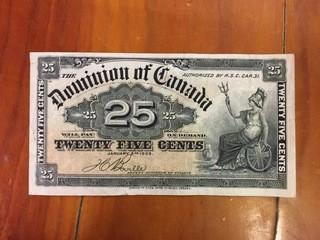 1900 Dominion Of Canada Twenty Five Cent Bank Note.