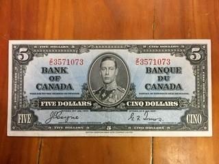 1937 Bank Of Canada Five Dollar Bank Note, No Rips or Tears.